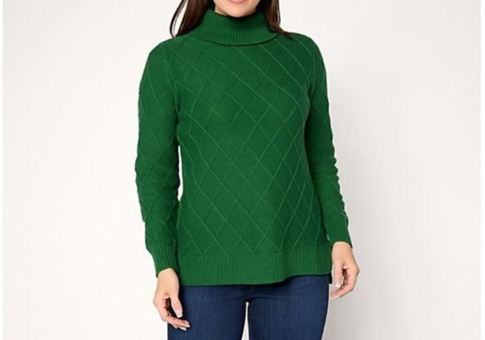 Joan Rivers Size XL Pine Green Diamond Cable Turtleneck Sweater A714640 NWOT